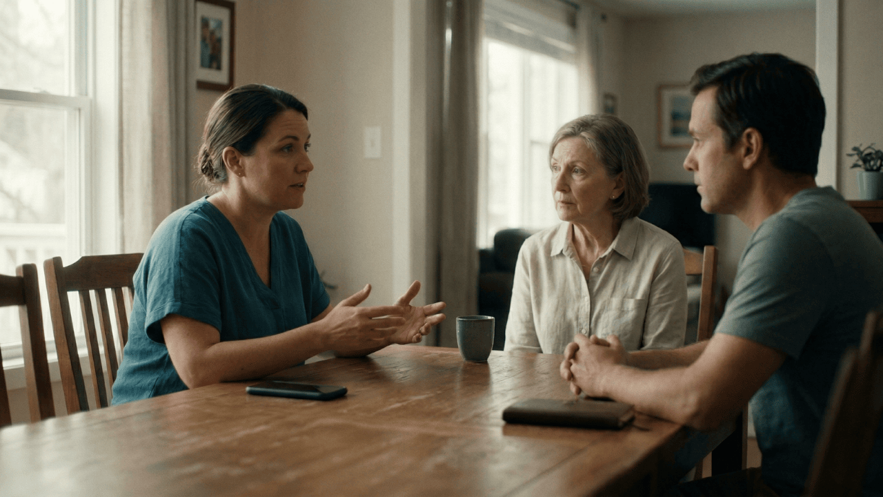 Bristol Hospice care team member sitting with a patient and family member discussing hospice and palliative care options at home