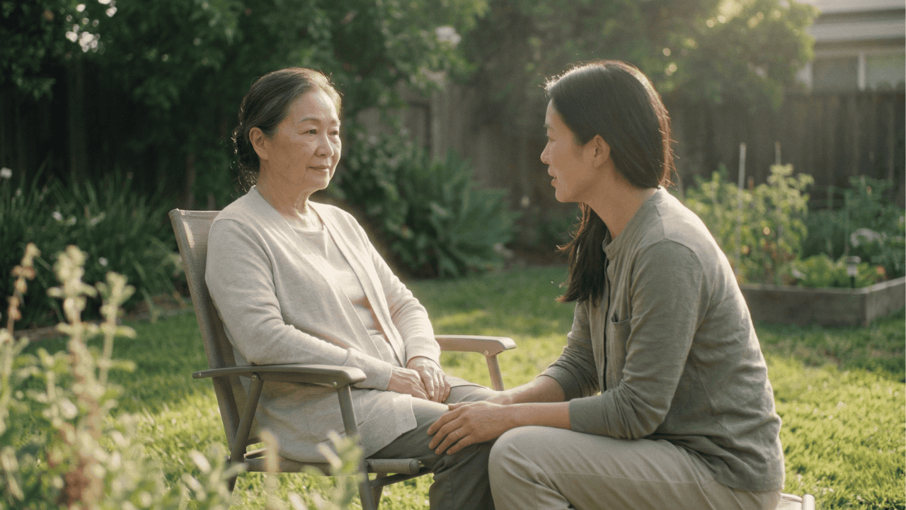 A hospice volunteer sitting with an elderly patient at home providing companionship and compassionate support during end of life care
