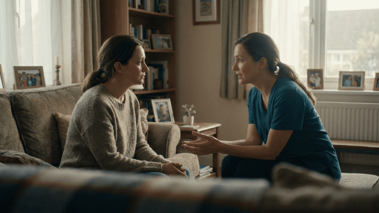 Family caregiver receiving hospice caregiver support and guidance from a Bristol Hospice team member at home