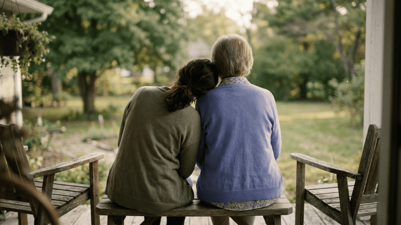 Caregiver resting and receiving support while a Bristol Hospice team member cares for their loved one at home
