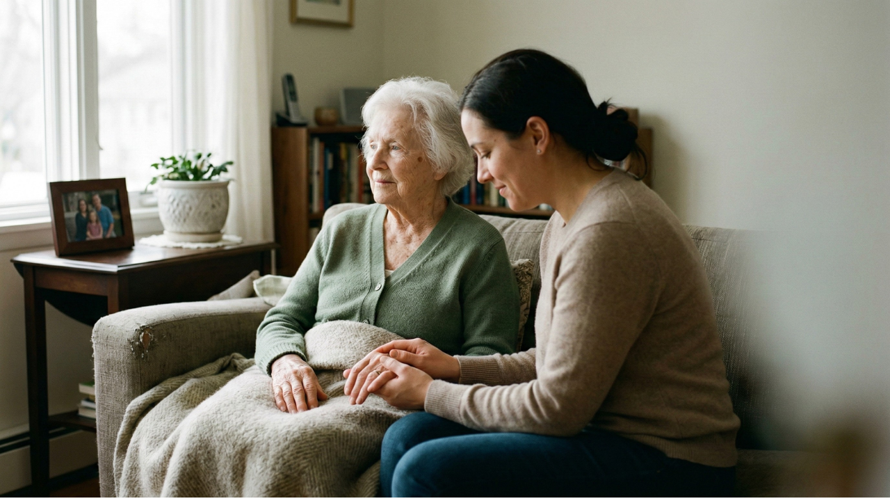 Compassionate in home hospice care with caregiver supporting elderly patient near window