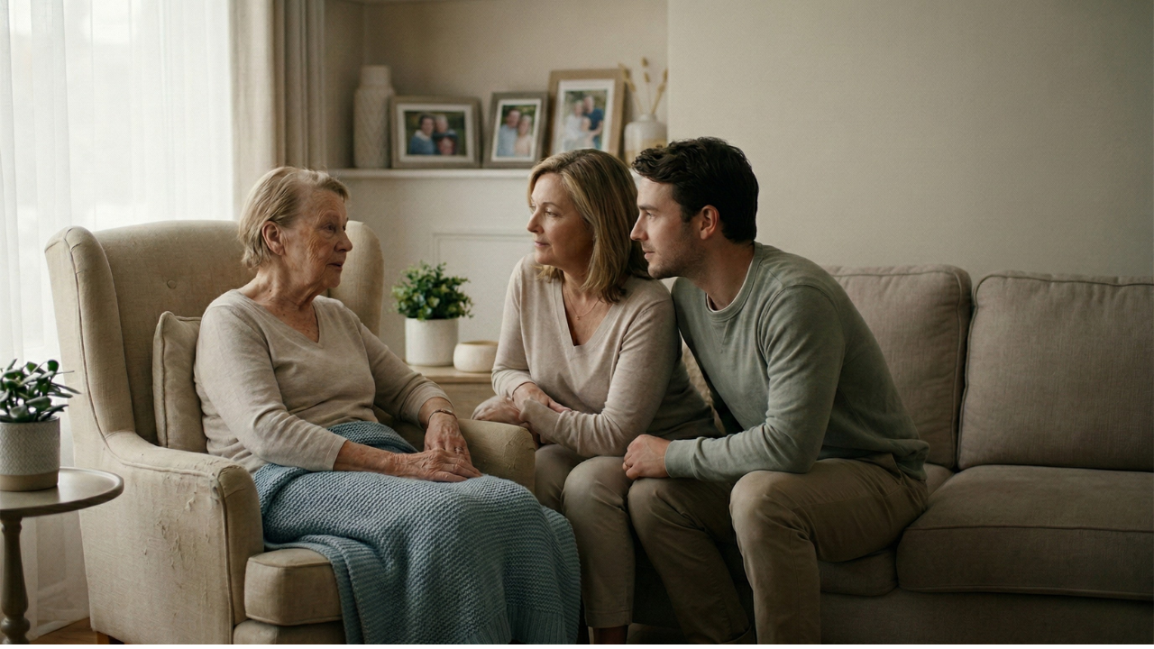 Hospice nurse gently adjusting equipment in a home setting