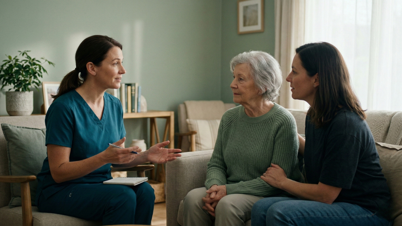 Healthcare professional speaking with patient and family about hospice vs palliative care options