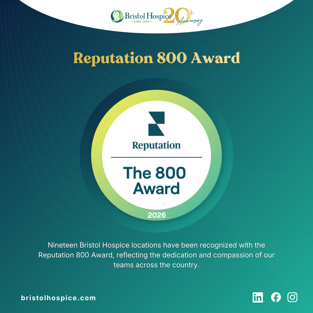 Bristol Hospice Reputation 800 Award recognizing excellence in online reputation and patient experience
