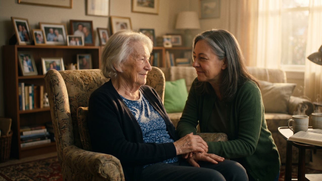 Adult daughter sitting with elderly parent at home learning about the difference between Alzheimer's disease and dementia during hospice care