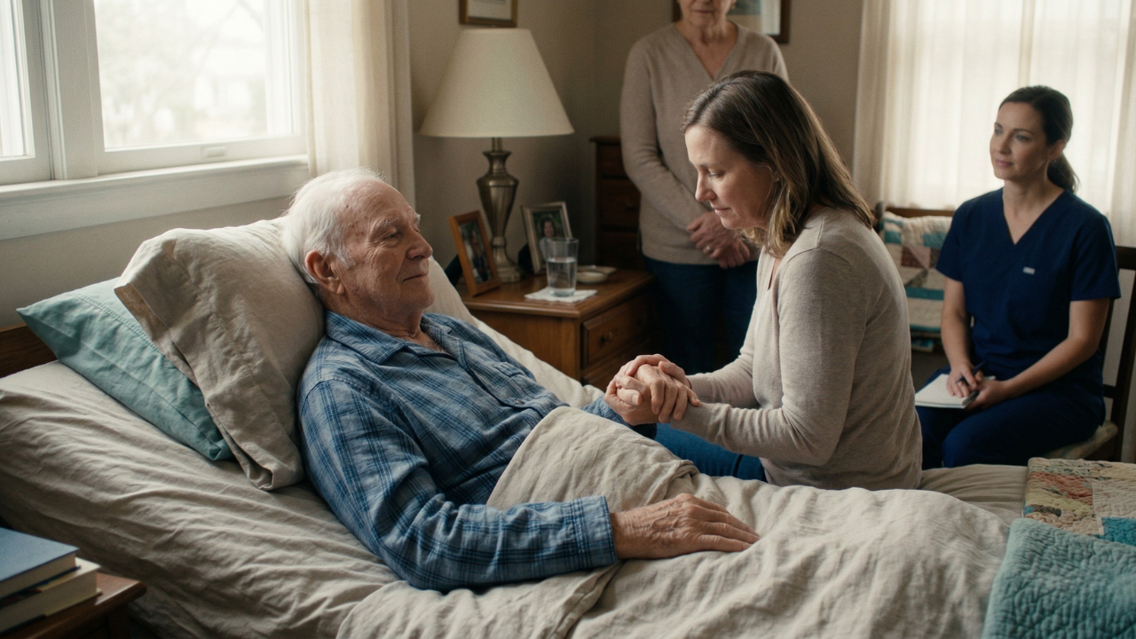 An elderly person with Parkinson's disease receiving compassionate hospice care at home surrounded by family support
