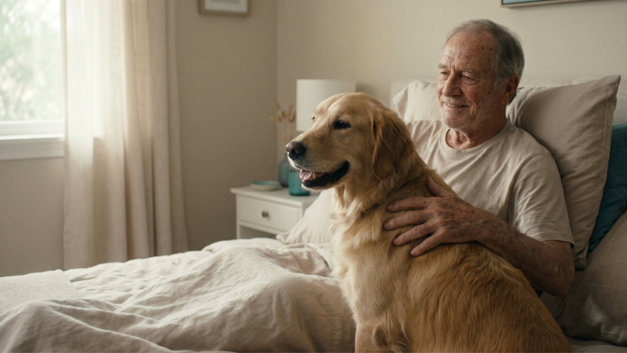 An elderly man resting in bed with a golden retriever beside him providing comfort and companionship during hospice care at home