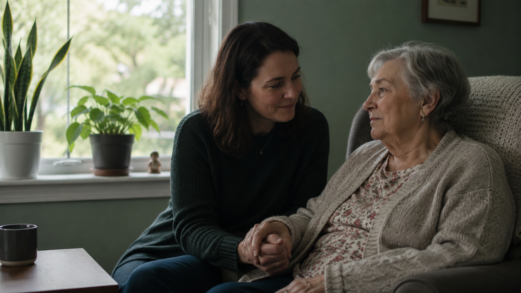 Family member sitting beside an older loved one at home, representing compassionate hospice care and support for advanced COPD