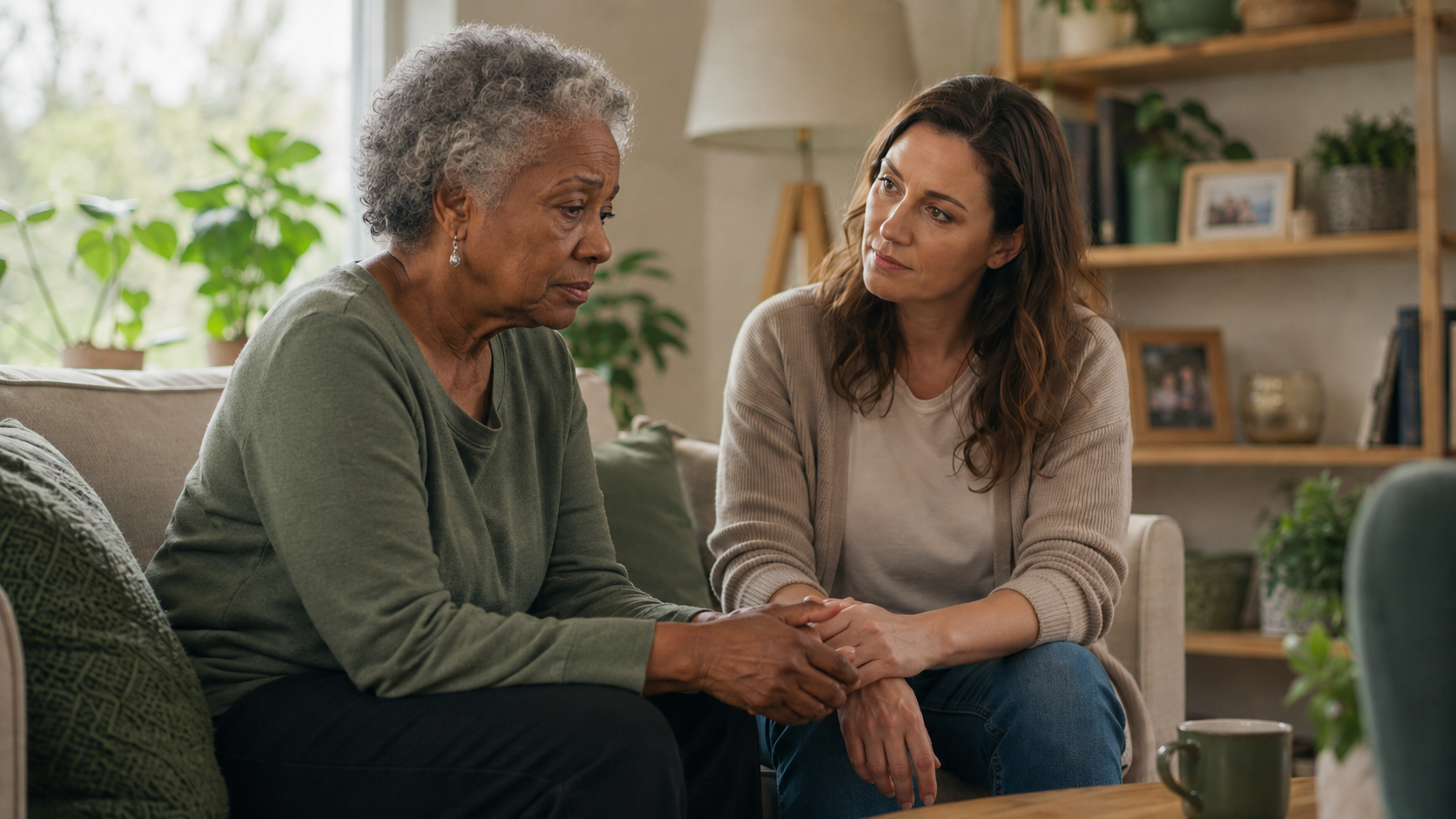 Loved ones having a gentle conversation at home, representing how to talk when someone is afraid of hospice