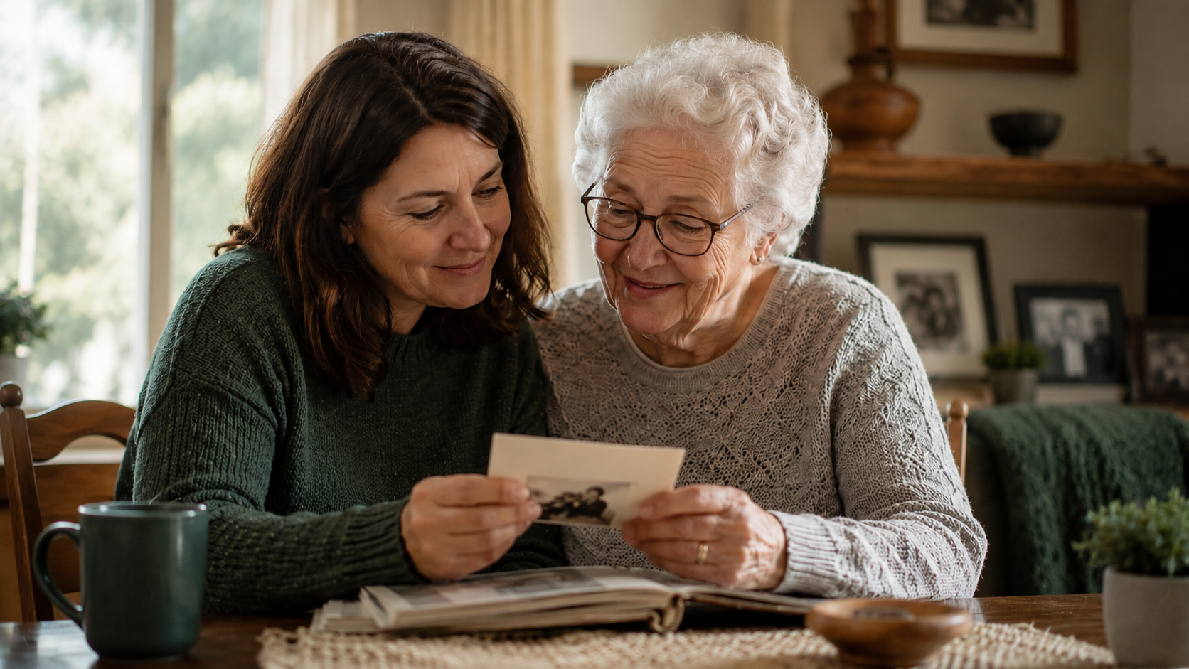 Adult child sitting beside an older parent at home, representing compassionate hospice care and support through the stages of Alzheimer's disease