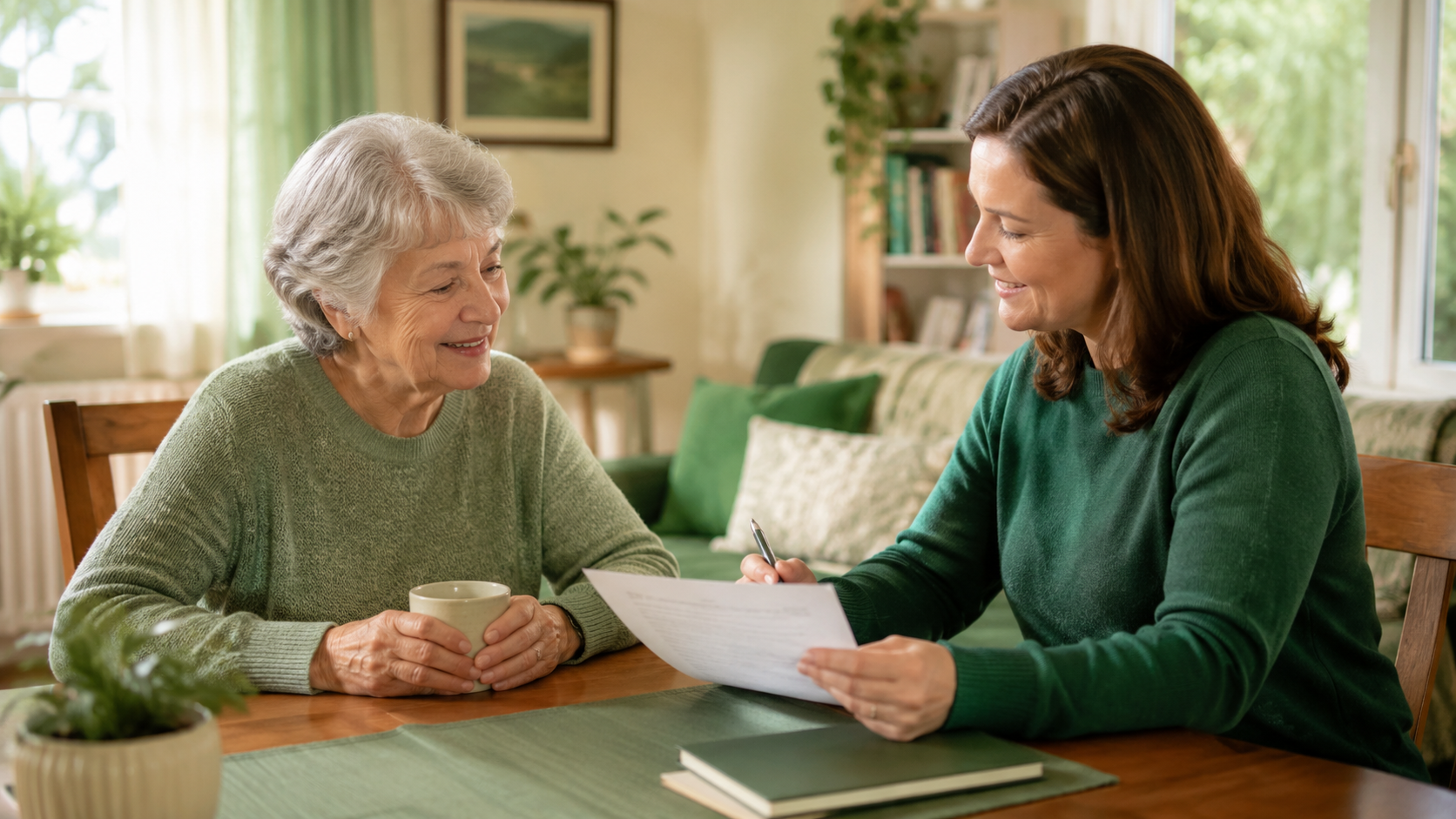 Loved one reviewing paperwork beside an older adult at home, representing Medicare hospice coverage and family support