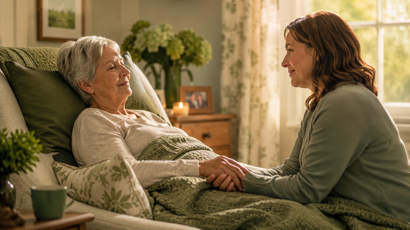 Loved one sitting beside an older adult at home, representing end-of-life visioning and compassionate hospice support