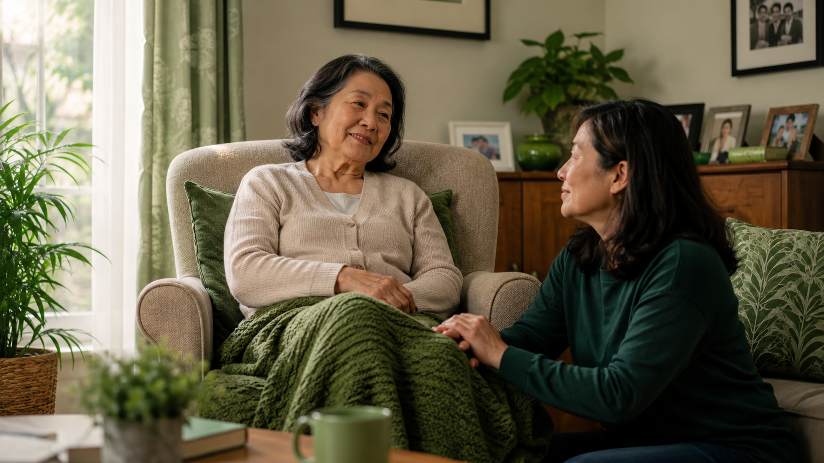 Older adult resting comfortably at home with a loved one nearby, representing hospice care after a stroke and family support