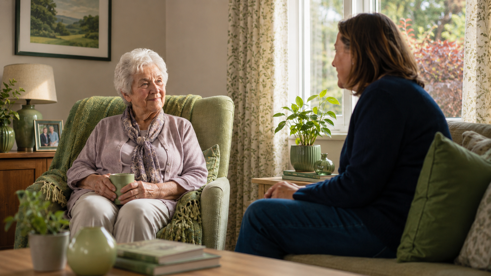 Older adult sitting comfortably at home with a loved one nearby, representing compassionate hospice care and support