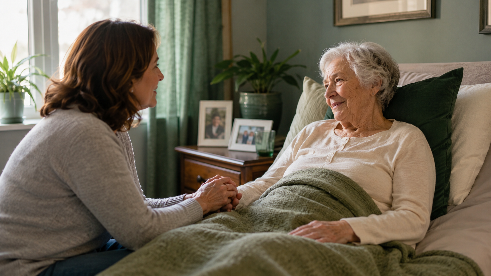 Older adult resting comfortably at home with a loved one nearby, representing hospice pain management and comfort care