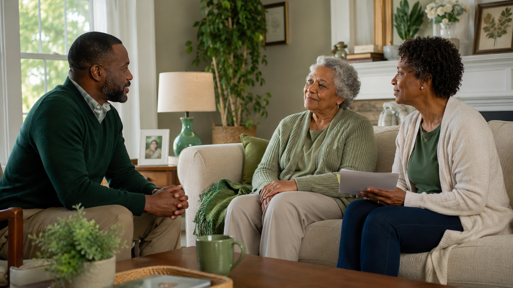 Hospice social worker speaking with an older adult and loved one at home, representing hospice social worker jobs and compassionate support