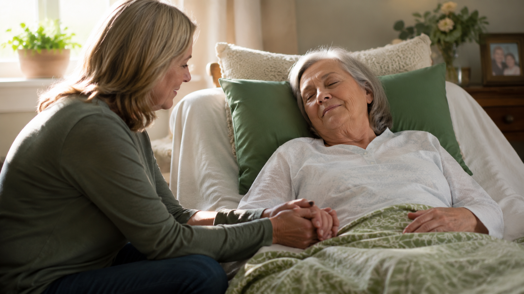 Loved one holding the hand of someone in hospice care, representing how to say goodbye with comfort and compassion