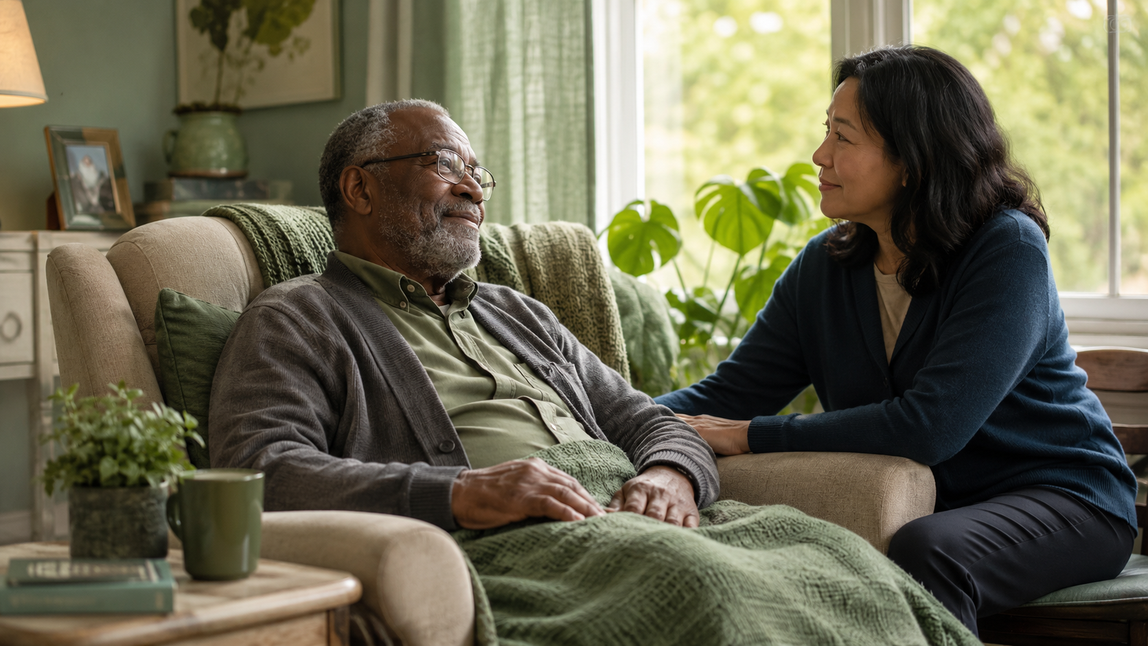 Older adult resting comfortably at home with a loved one nearby, representing kidney failure hospice care and family support