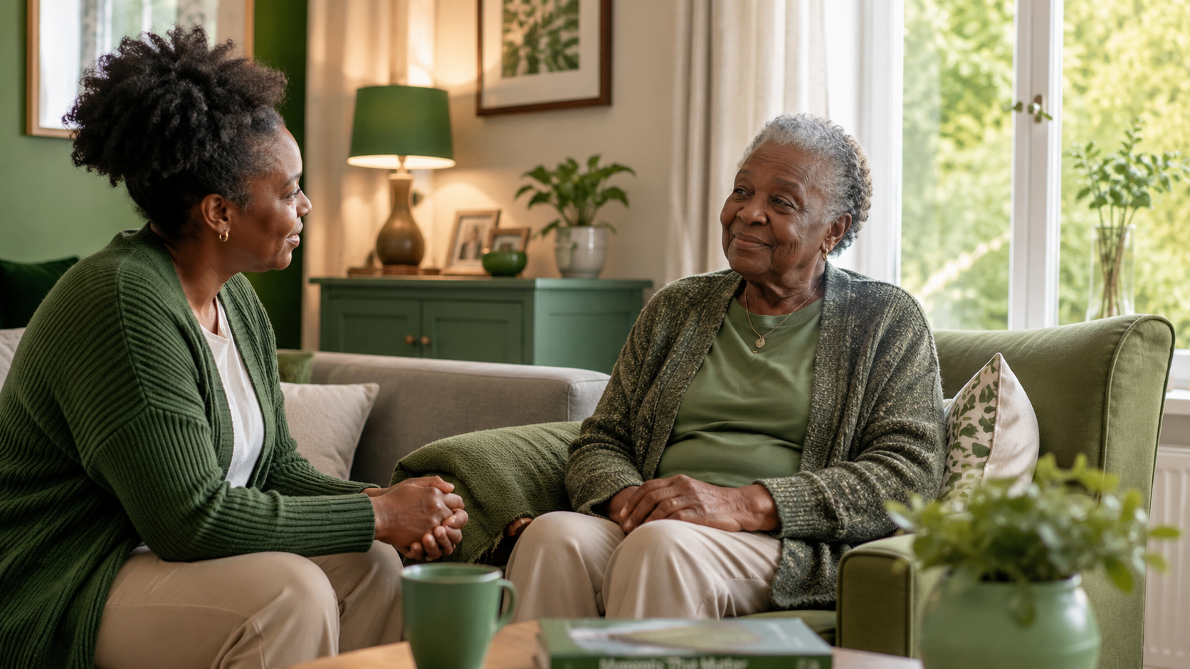 Older adult sitting comfortably at home with a loved one nearby, representing hospice care at home and caregiver support