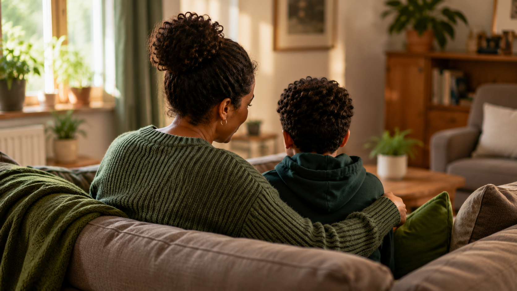 Adult gently speaking with a child at home, representing how to talk to children about hospice and death