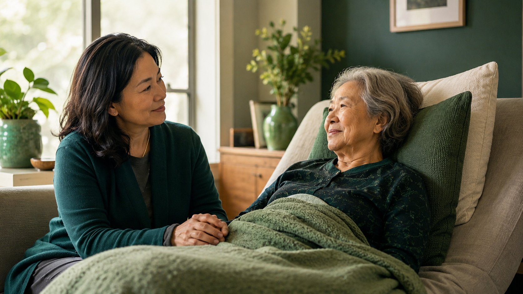 Loved one sitting beside a person in hospice care at home, representing how to visit someone in hospice with comfort and compassion