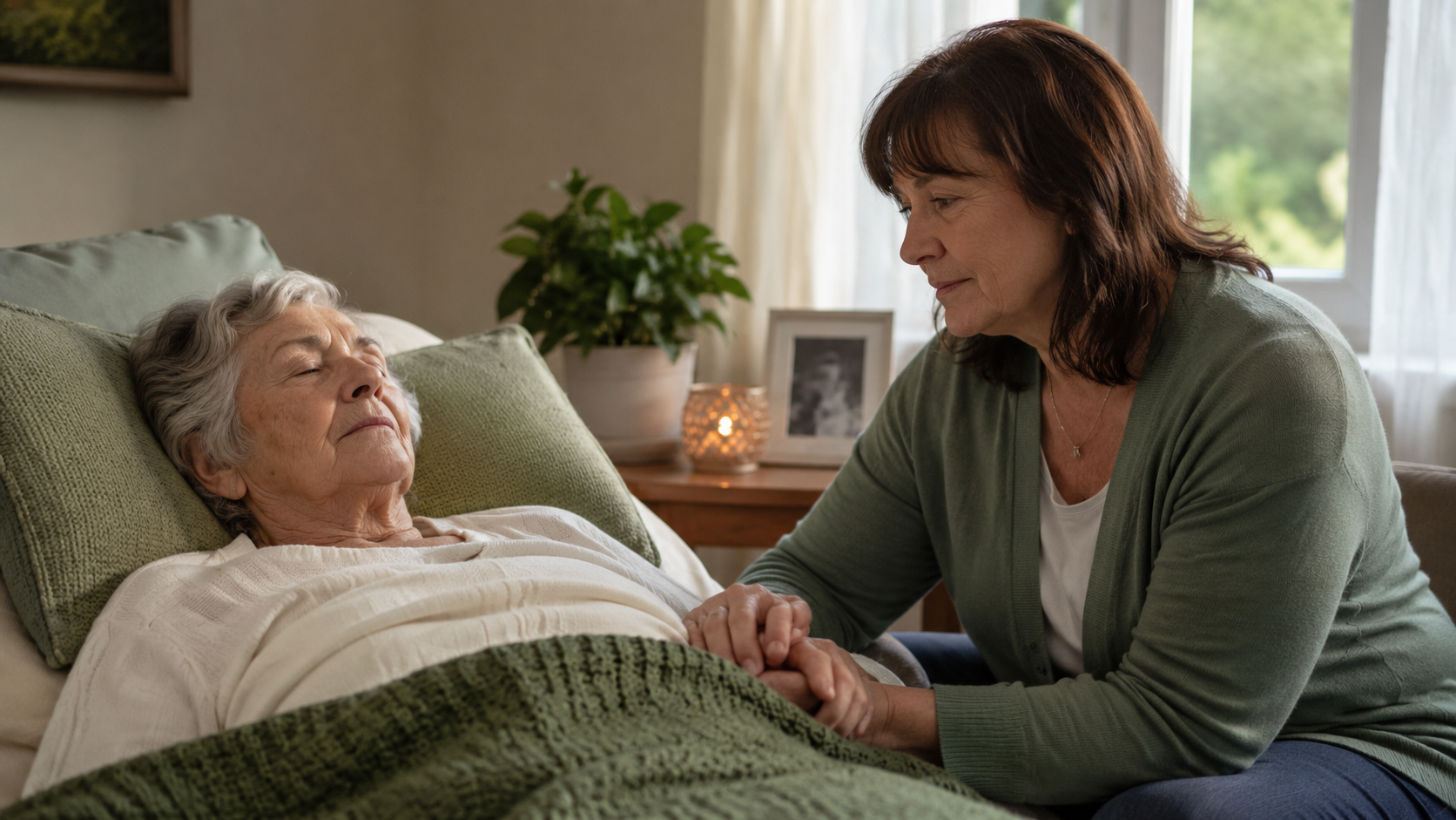 Loved one sitting beside a hospice patient who is resting quietly, representing how to stay connected when someone in hospice stops talking