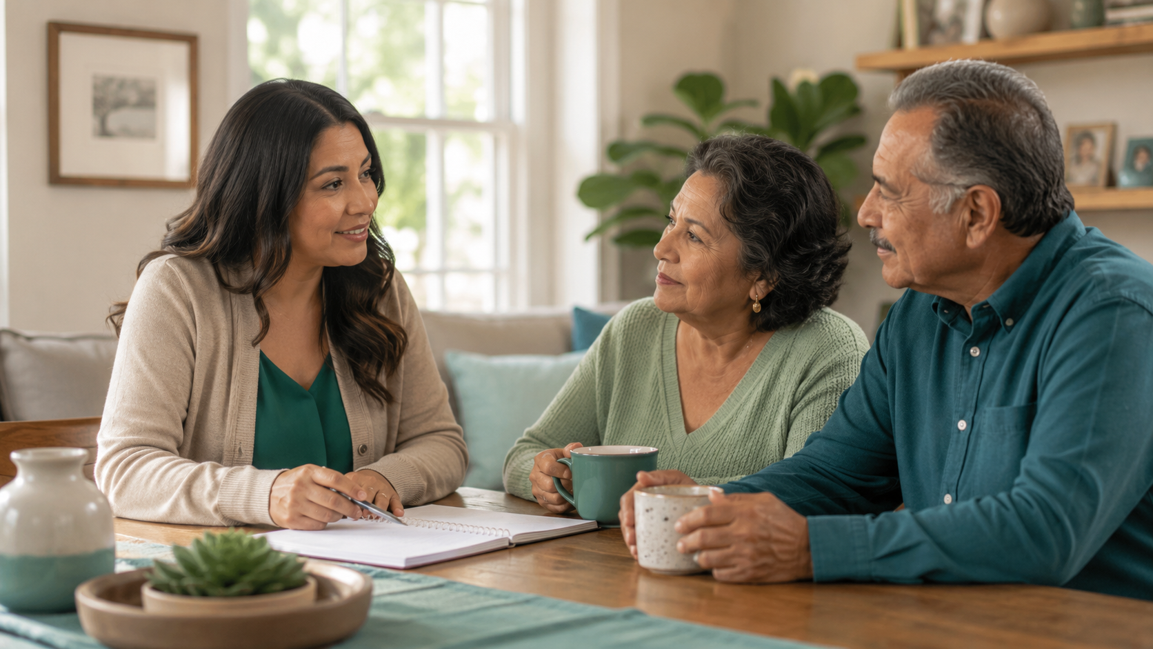 Hospice team member answering questions with loved ones at home before starting hospice care