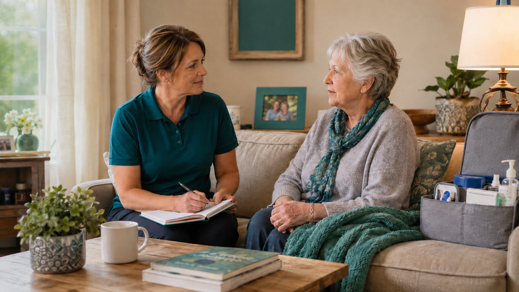 Hospice nurse speaking with a loved one at home, representing hospice services, supplies, equipment, and support that may be provided at home