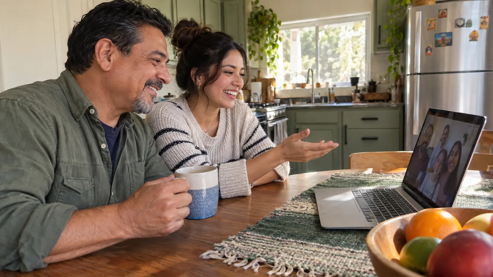 Father and adult daughter connecting with relatives through a video call at their kitchen table