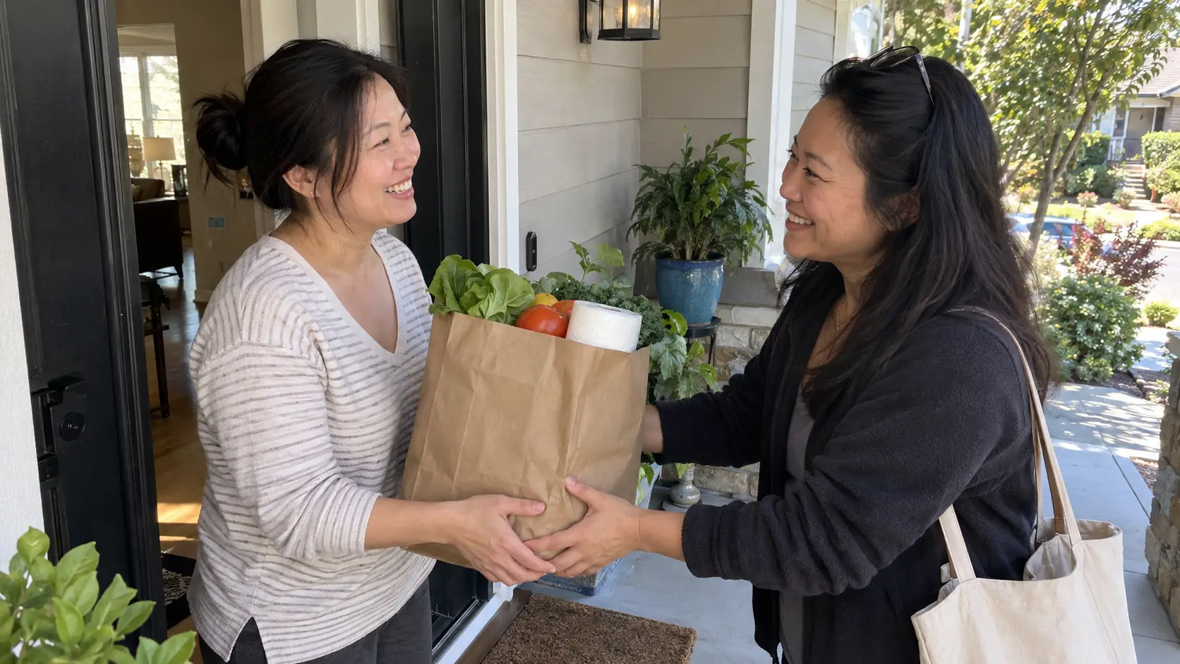 Friend bringing groceries to another woman at her front door as a thoughtful gesture of support