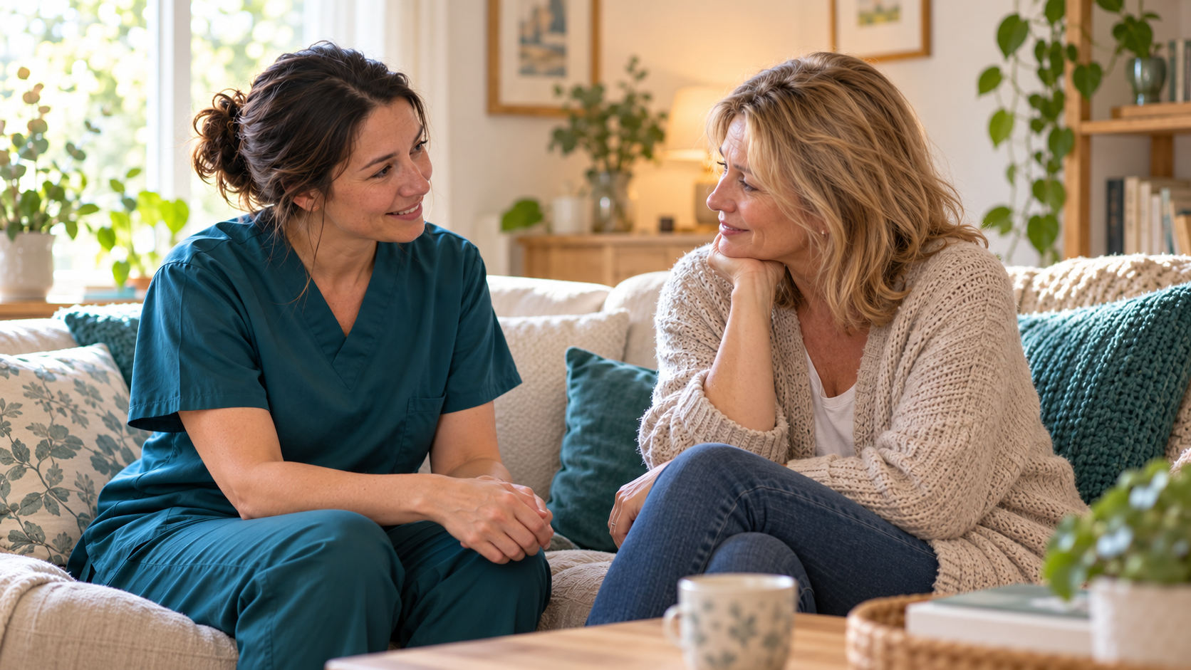 Hospice nurse supporting a family caregiver as a loved one rests at home