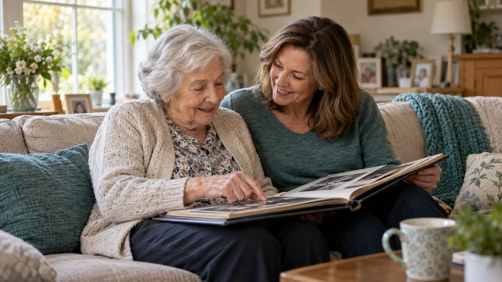 Older adult with dementia sharing a warm moment with a family member at home